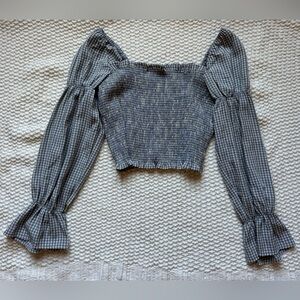 Lumiere blue and cream checkered top